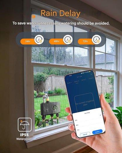 Programator irigatii inteligent, 4 zone independente, WiFi 2.4 GHz, control prin aplicatia HomGar, cu Gateway inclus, compatibil Alexa si Google Assistant, 24 programe de udare, intrare din alama, functie Rain Delay 24-72 h, mod ceata, udare manuala