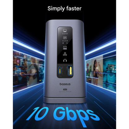 Statie de andocare 11 in 1, extindere la 3 monitoare 4K, 3 x HDMI 4K, Displaylink, 3 x USB-A, 2 x USB-C, 1 x Ethernet RJ-45 1GBPS, 1 x AUX, pentru MacBook M1/M2/M3 si Windows, cu buton blocare ecran si baza magnetica