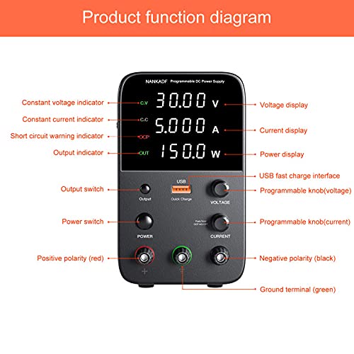 Sursa de alimentare de laborator 0-30 V, 0-5 A, 150 W, cu display LED, ventilator de racire, functie protectie supracurent (OCP), cu port USB 15W, stabilizare voltaj si curent, CV/CC