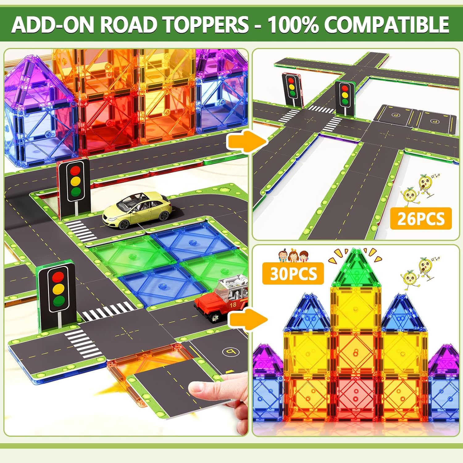 Set de constructie magnetic 3D, Road Toppers, 56 piese, Magnetic Tiles, jucarie educativa si creativa, multicolora, compatibil cu alte seturi 3D, pentru copii +3 ani