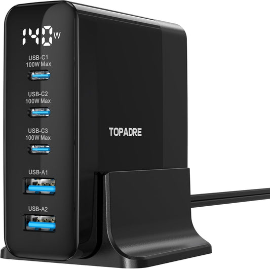 Incarcator retea 140W GaN, statie de incarcare cu 5 porturi, 3 USB-C 100W si 2 USB-A, afisaj digital, protectie supracurent, supratensiune, scurtcircuit si supraincalzire, cu cablu alimentare de 1.5 m, negru