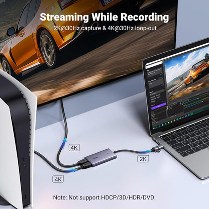 Placa de captura video HDMI la USB-C/USB-A, 4K loop-out, inregistrare 2K 30Hz, Plug & Play, streaming live, compatibil smartphone, consola, camera DSLR, laptop, PC Windows, macOS, Linux