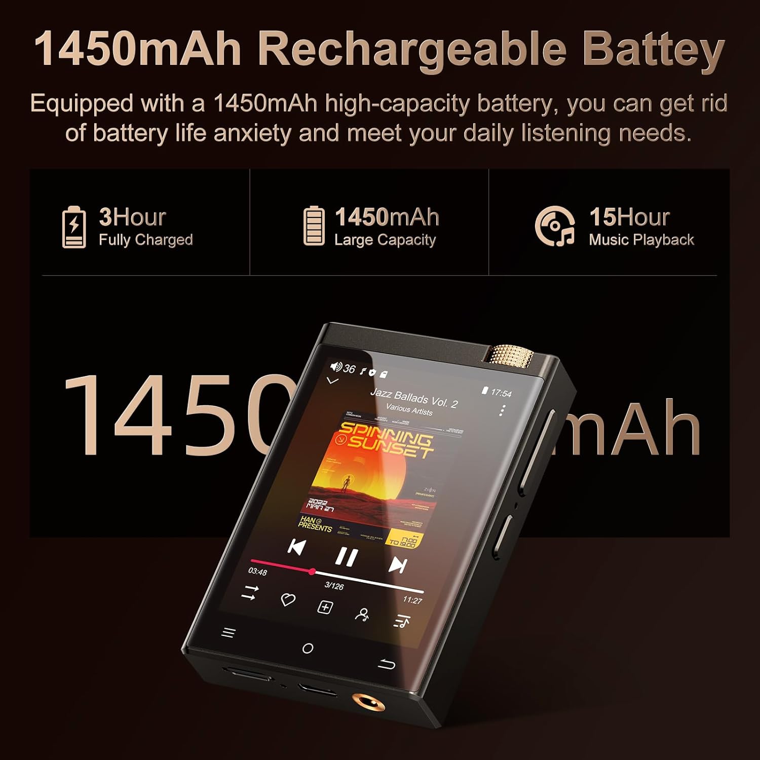 MP3 Player 80GB, Bluetooth V4.1, Wifi, ecran 2, 8 inch, sunet HiFi, Lossless DSD512, acumulator 1450 mAh, 15 ore de redare, memorie 16 GB si card 64 GB, suporta card pana la 1 TB, cu Android Spotify