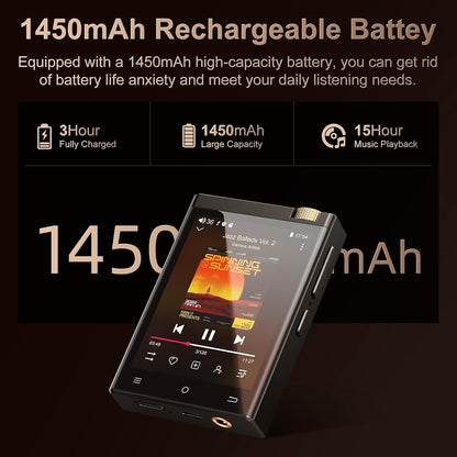 MP3 Player 80GB, Bluetooth V4.1, Wifi, ecran 2, 8 inch, sunet HiFi, Lossless DSD512, acumulator 1450 mAh, 15 ore de redare, memorie 16 GB si card 64 GB, suporta card pana la 1 TB, cu Android Spotify