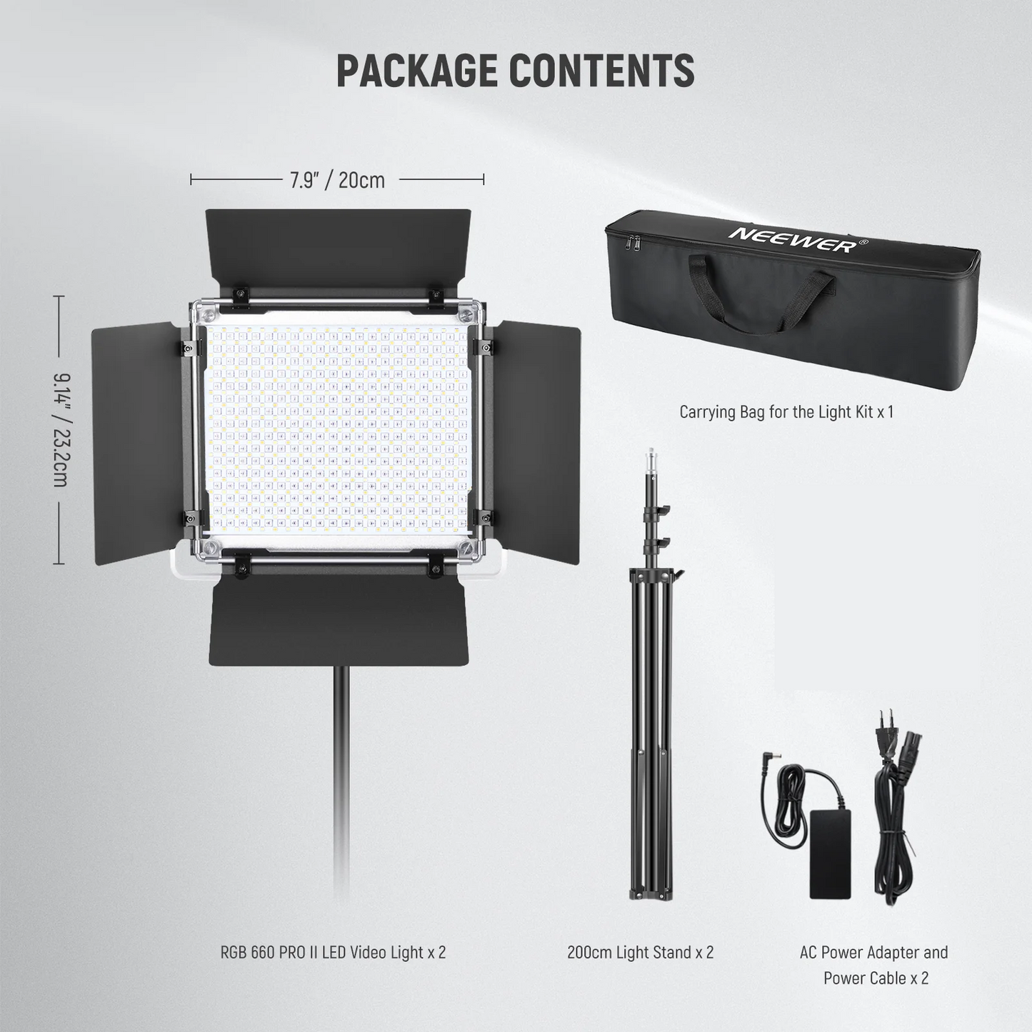 Kit lumina continua, 2 lampi foto-video 660 Pro II, LED RGB, CRI97+, control prin aplicatie, 50W, dimabile 1-100%, temperatura culoare reglabila 3200-5600 K, alimentare duala, 9 efecte de scena