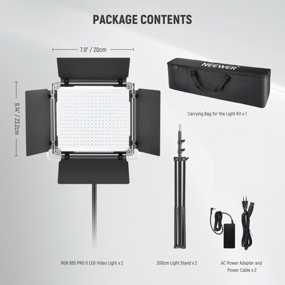 Kit lumina continua, 2 lampi foto-video 660 Pro II, LED RGB, CRI97+, control prin aplicatie, 50W, dimabile 1-100%, temperatura culoare reglabila 3200-5600 K, alimentare duala, 9 efecte de scena