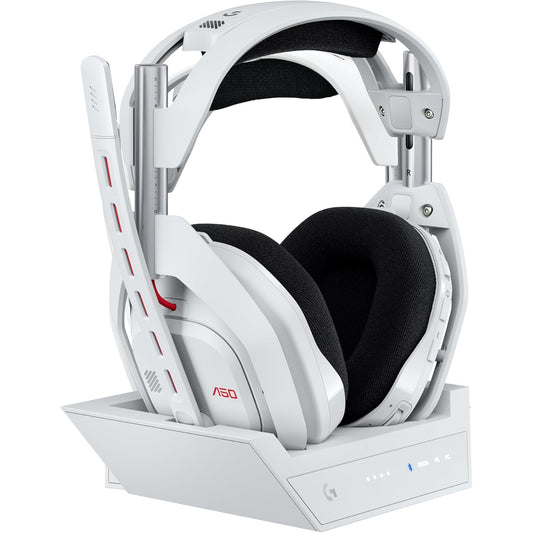 Casti gaming wireless Logitech G Astro A50 LIGHTSPEED Gen 5 cu statie de baza, PRO-G Graphene 40mm, comutare 3 platforme Xbox/PS5/PC/Mac/Switch, Bluetooth, microfon broadcast 48kHz, ANC, autonomie 24h, alb