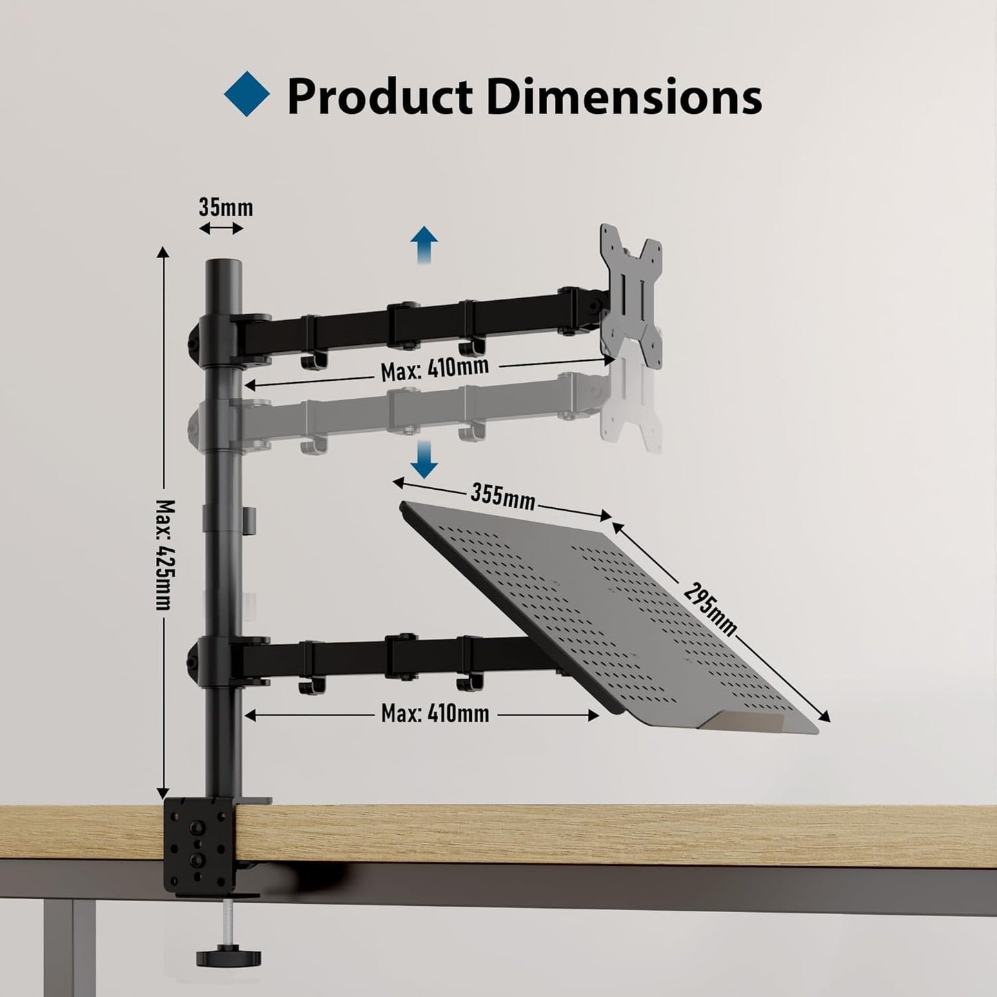 Suport de birou pentru monitor 13 ”-27” si laptop, cu inaltime reglabila, suporta 10 kg pe fiecare brat, prindere VESA 75 x 75 mm si 100 x 100 mm, negru
