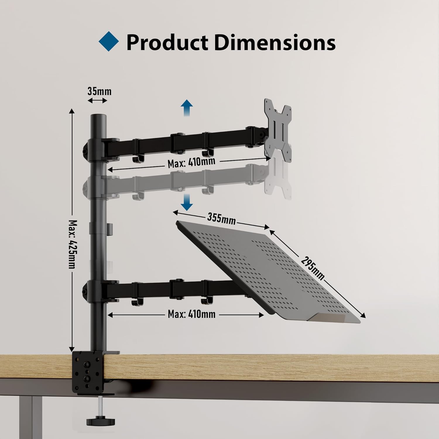 Suport de birou pentru monitor 13 ”-27” si laptop, cu inaltime reglabila, suporta 10 kg pe fiecare brat, prindere VESA 75 x 75 mm si 100 x 100 mm, negru