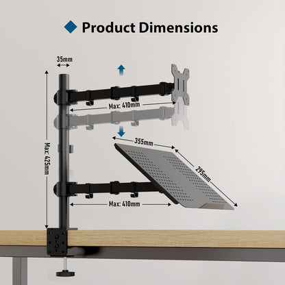 Suport de birou pentru monitor 13 ”-27” si laptop, cu inaltime reglabila, suporta 10 kg pe fiecare brat, prindere VESA 75 x 75 mm si 100 x 100 mm, negru