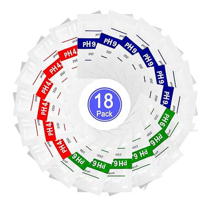Set solutii calibrare pentru pH-metru, precizie de ±0, 01 unitati de pH la 25°C, stabil, 18 plicuri x pH 4, 01, 6, 86 si 9, 18, pentru testarea apei din piscina, testarea hidroculturii pentru acvarii