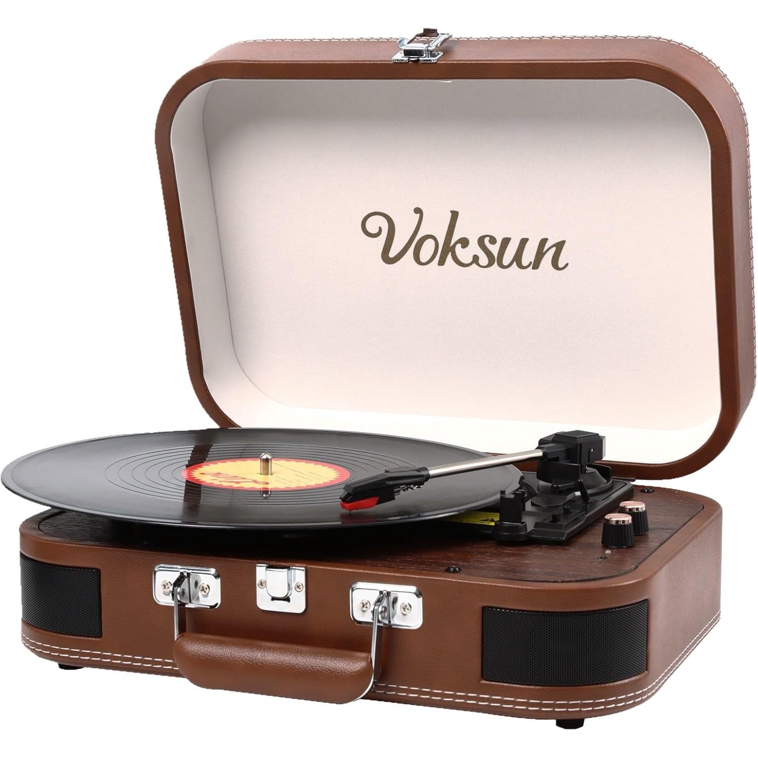 Pick-up Bluetooth 5.4, 3 viteze 33/45/78 rpm, AUX, USB, 2 difuzoare stereo incorporate, pentru vinyl 7/10/12 inch, functie inregistrare, design tip servieta, maro