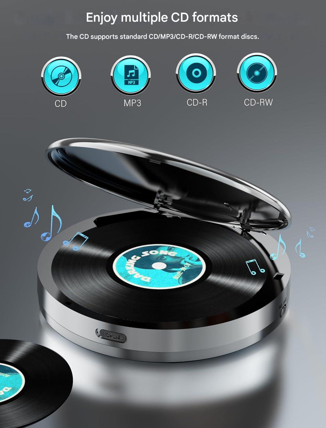 CD Player portabil Discman cu bluetooth si transmitator FM, baterie 2000 mAh, ecran LCD, difuzor incorporat, AUX si USB, anti-soc si anti-skip, cu casti, pentru masina si uz portabil