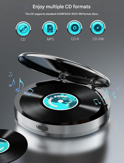 CD Player portabil Discman cu bluetooth si transmitator FM, baterie 2000 mAh, ecran LCD, difuzor incorporat, AUX si USB, anti-soc si anti-skip, cu casti, pentru masina si uz portabil