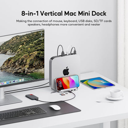 Suport Hub pentru Mac Mini M2/M1, Docking Station vertical 8 in 1 cu slot SSD PCIe, 3 slot USB-A, USB-C 10 Gbps, cititor de carduri SD/TF, mufa audio 3, 5 mm, cu suport telefon