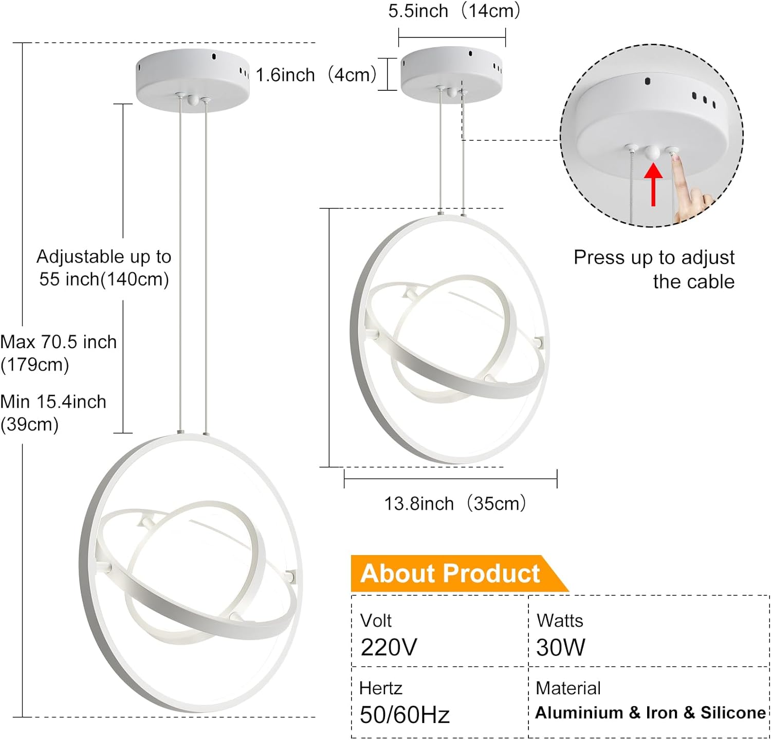 Lustra suspendata, lampa LED cu lungime reglabila si modificare forma, iluminare 360°, CRI 80+, pentru living, dormitor, bucatarie, hol