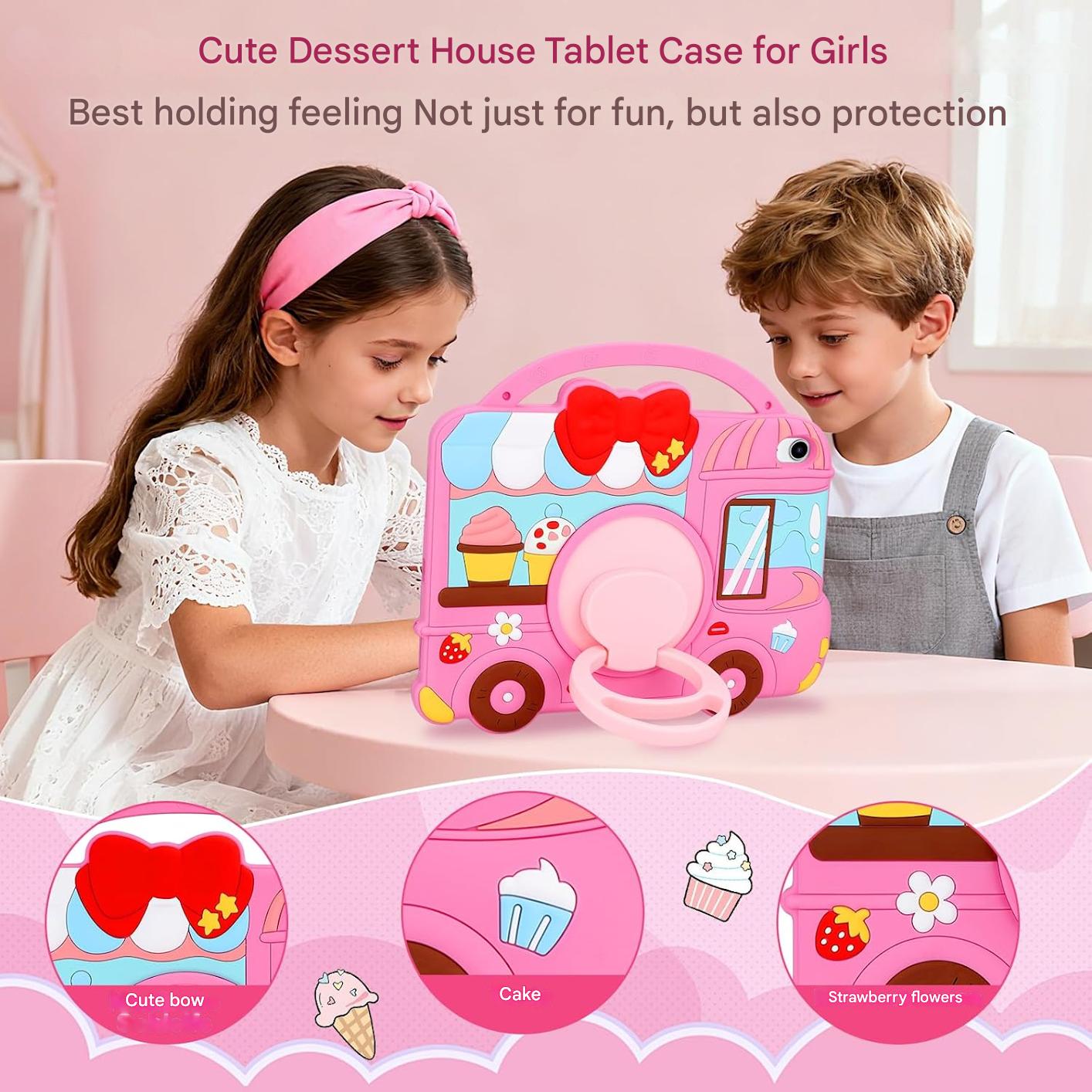 Husa pentru iPad a 11-a generație (A16) 2025 / iPad a 10-a generatie 10.9 2022, pentru fete, cu design dragut inghetata, deserturi, cu curea de umar rotativa, suport, protectie din silicon, roz