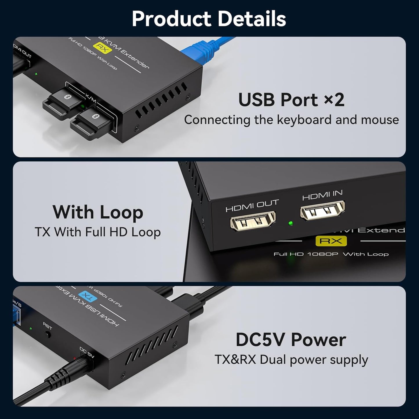 Extender VEDINDUST HDMI KVM prin Ethernet Cat5e/6/7 – 120 m (400 ft), Full HD 1080p60Hz, USB RJ45, USB KVM, suport iesire bucla, transmisie stabila