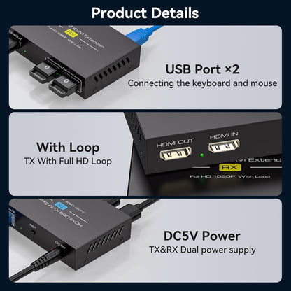 Extender VEDINDUST HDMI KVM prin Ethernet Cat5e/6/7 – 120 m (400 ft), Full HD 1080p60Hz, USB RJ45, USB KVM, suport iesire bucla, transmisie stabila