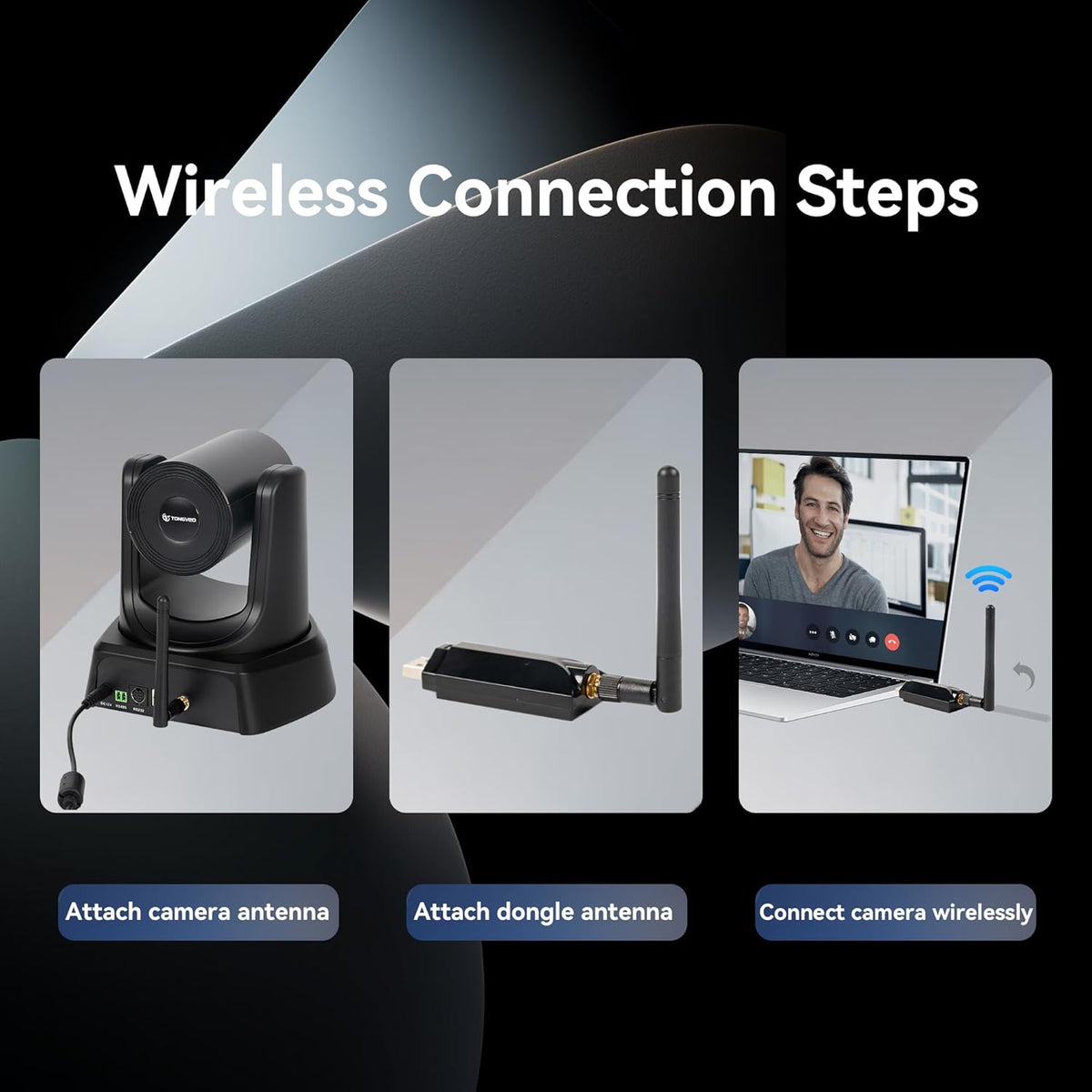 Camera PTZ wireless TONGVEO 5.8 GHz, 1080P 60FPS, USB 3.0, rotire 350° si inclinare 180°, telecomanda, receptor USB inclus, pentru videoconferinte si Streaming Live, compatibila Windows/Mac, Zoom si OBS, Plug & Play