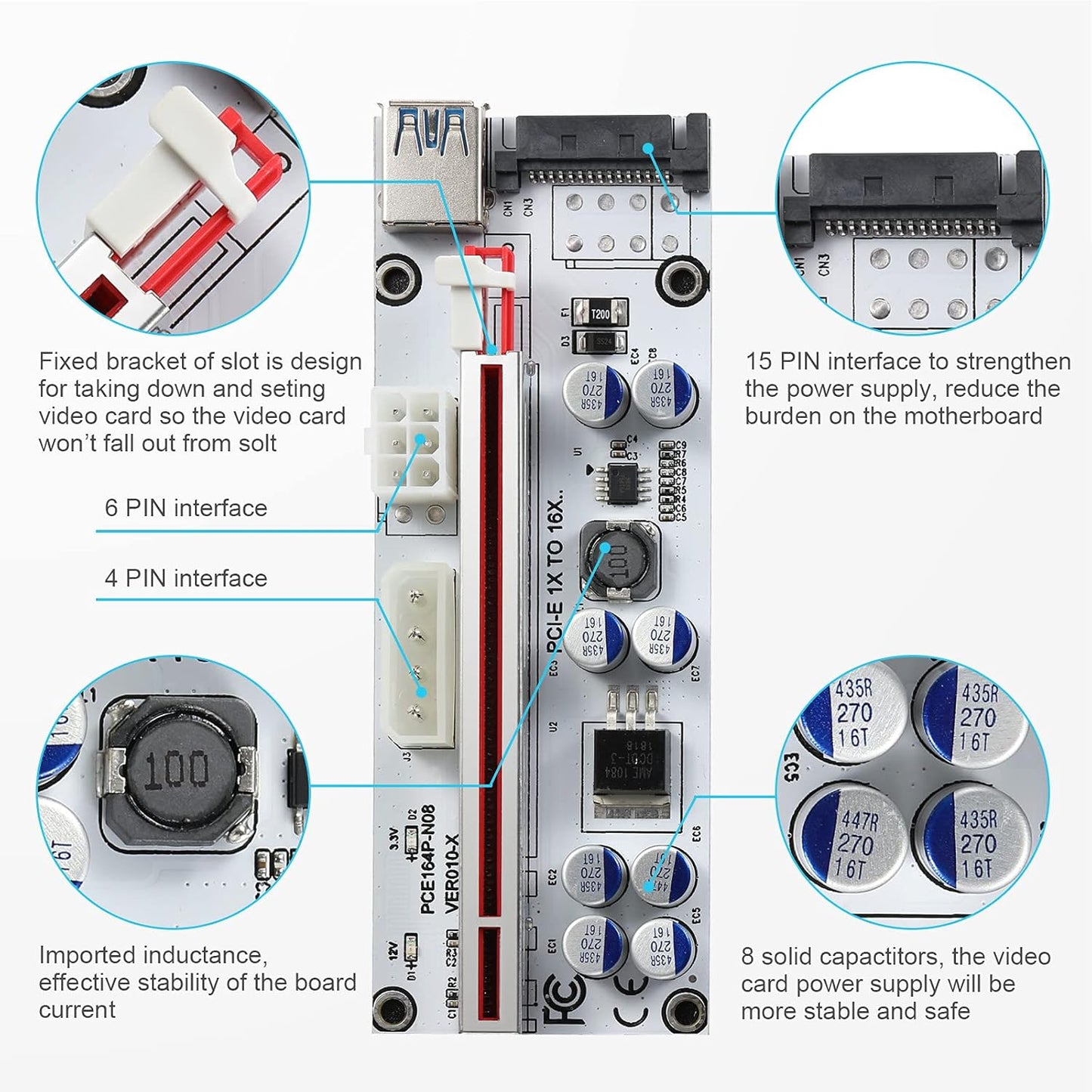 Set 6 Riser Card, placa adaptor PCI-E 1X la 16X GPU Riser cu cablu USB de 0, 6 m, VER010-X, 8 condensatoare solide, interfata 6PIN/4PIN/SATA, dedicat mining