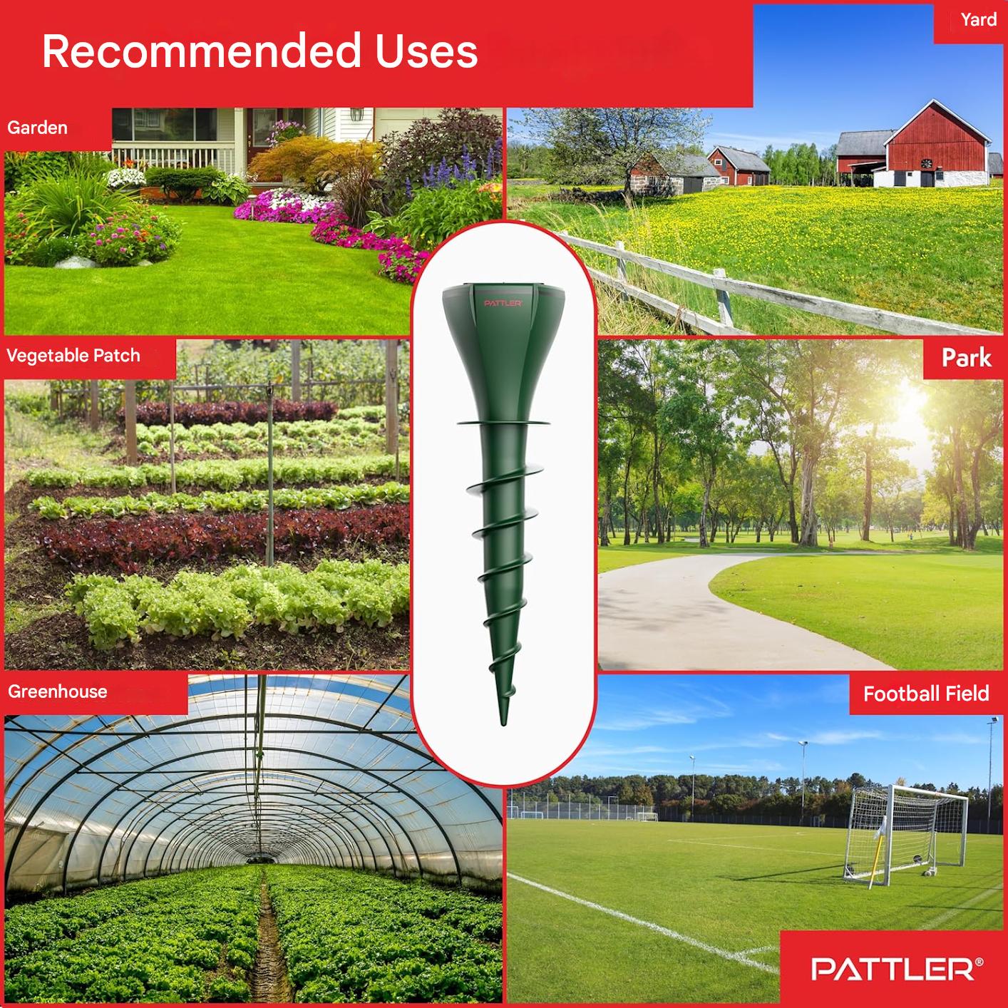 Set 4 dispozitive solare anti-cartite PATTLER, cu ultrasunete pentru gradina pana la 800 m², frecventa variabila, panou solar cu baterie reincarcabila si incarcare USB, instalare in sol tip surub, sigur pentru animale de companie