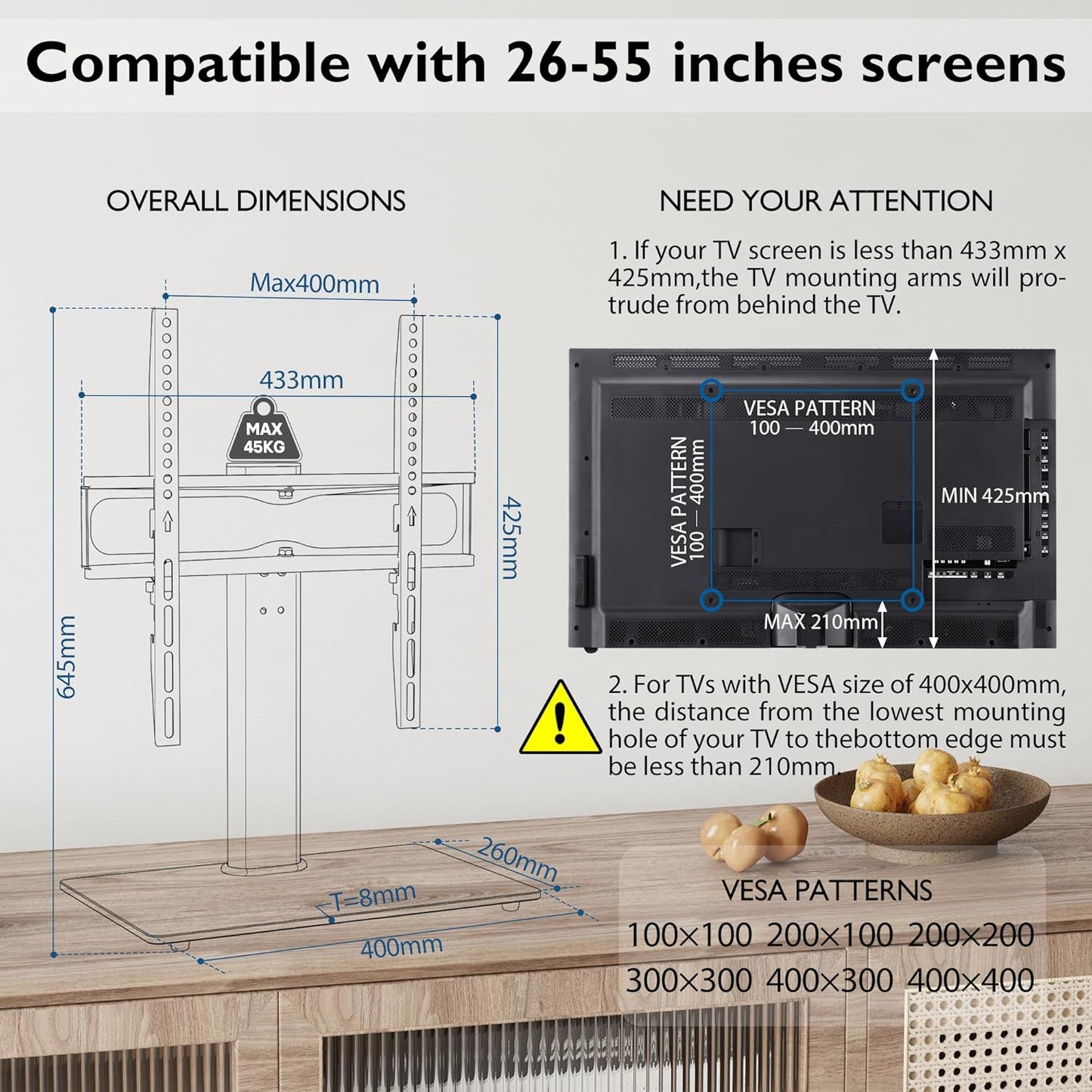 Suport TV cu stand de masa/birou, pentru televizor plat si curbat 26-55 inch, suporta greutate pana la 45 kg, VESA 400 x 400 mm, pivotare 50°, inaltime ajustabila, prinderi din otel, multifunctional