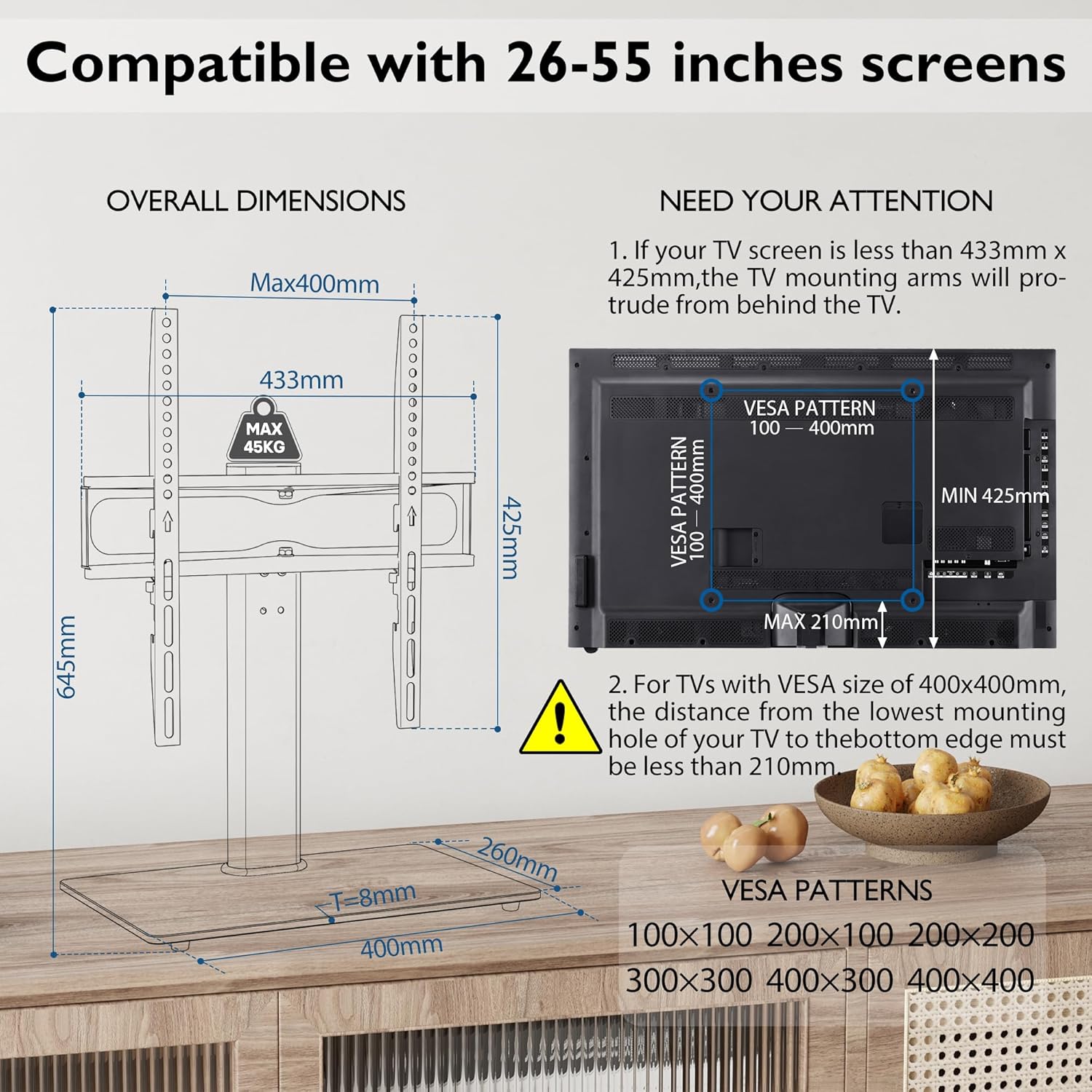 Suport TV cu stand de masa/birou, pentru televizor plat si curbat 26-55 inch, suporta greutate pana la 45 kg, VESA 400 x 400 mm, pivotare 50°, inaltime ajustabila, prinderi din otel, multifunctional