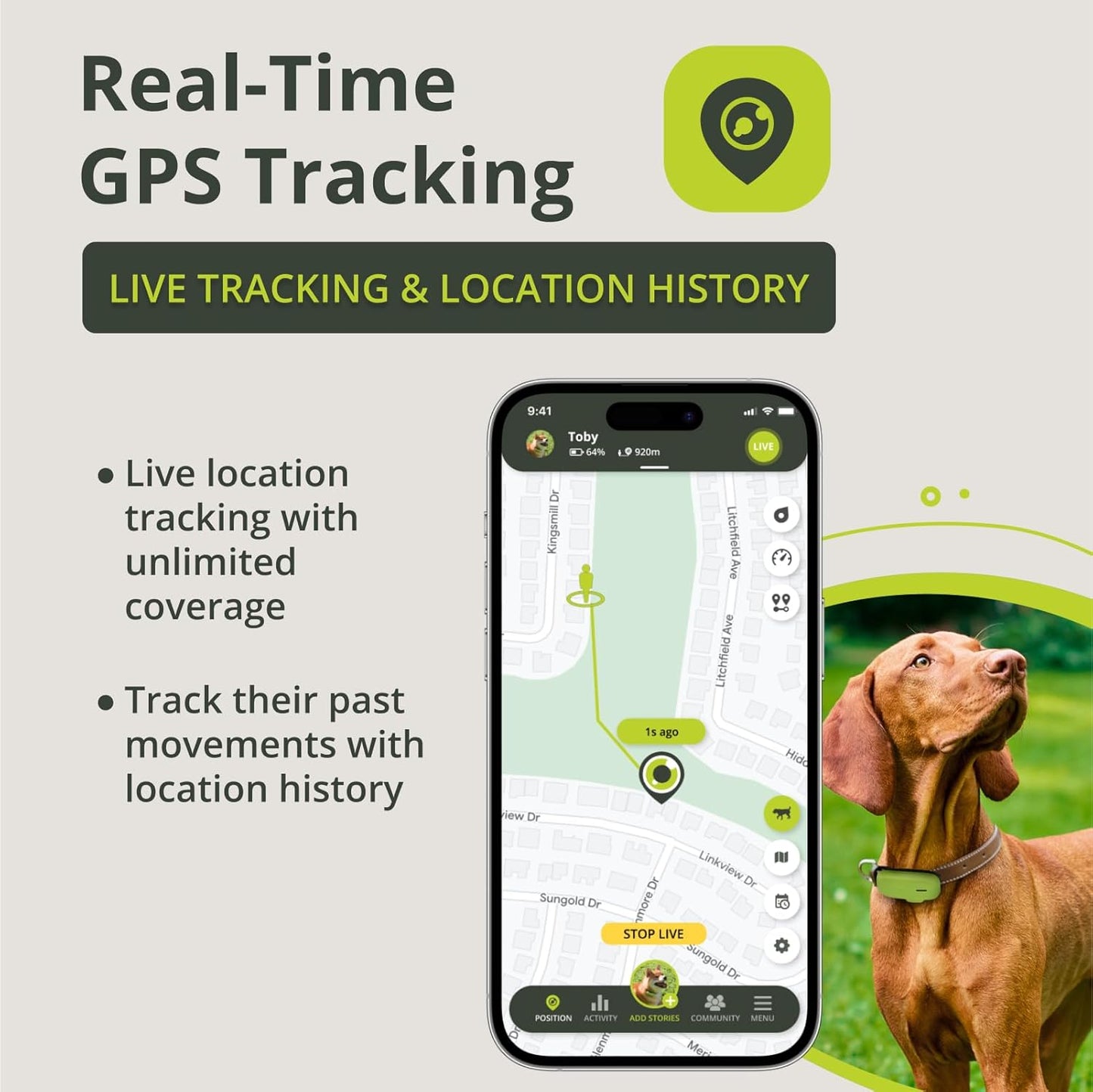 Tracker GPS pentru caini Kippy Dog, dispozitiv monitorizare activitate cu geofence, urmarire in timp real, notificari, impermeabil, verde