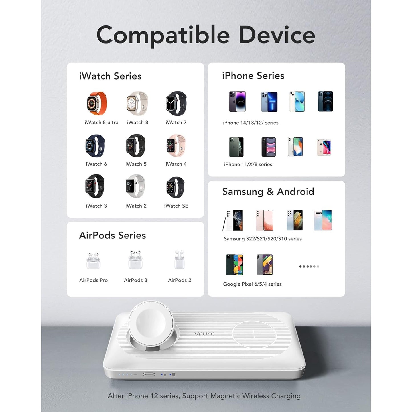 Baterie externa wireless, Powerbank magnetic de 10000 mAh, 3 in 1, pentru smartwatch si telefon mobil, incarcare rapida 20W, compatibil iPhone, Apple Watch, Samsung, alb
