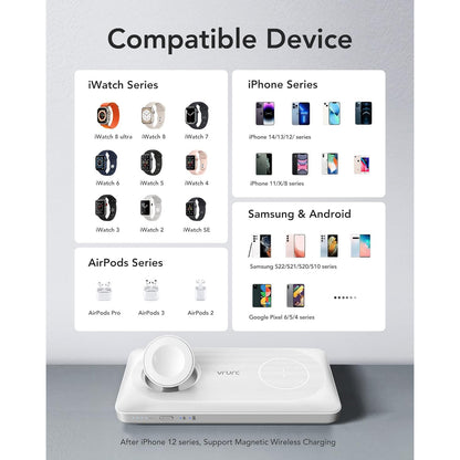 Baterie externa wireless, Powerbank magnetic de 10000 mAh, 3 in 1, pentru smartwatch si telefon mobil, incarcare rapida 20W, compatibil iPhone, Apple Watch, Samsung, alb