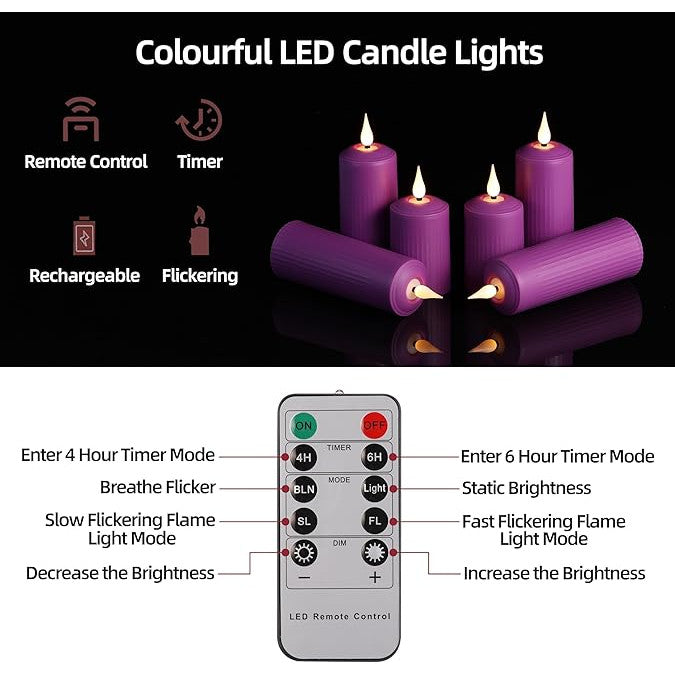 Set 6 lumanari LED reincarcabile, cu telecomanda, efect de flacara, temporizator, intensitate reglabila pe 5 niveluri, pentru Halloween, Craciun, nunta, petrecere, violet