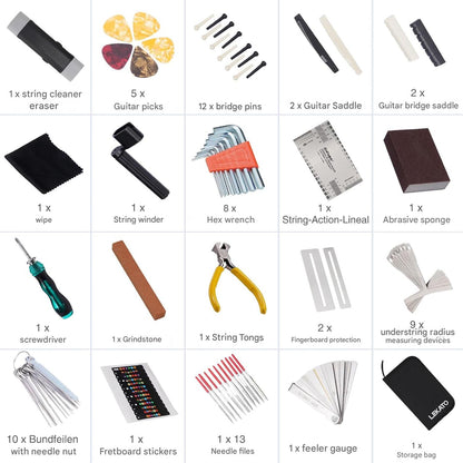 Kit reparatii chitara, 72 piese cu chei inbus, cleste, infasuratori de corzi, pile, surubelnita si accesorii pentru chitara acustica, Ukulele, Bas, Mandolina, Banjo