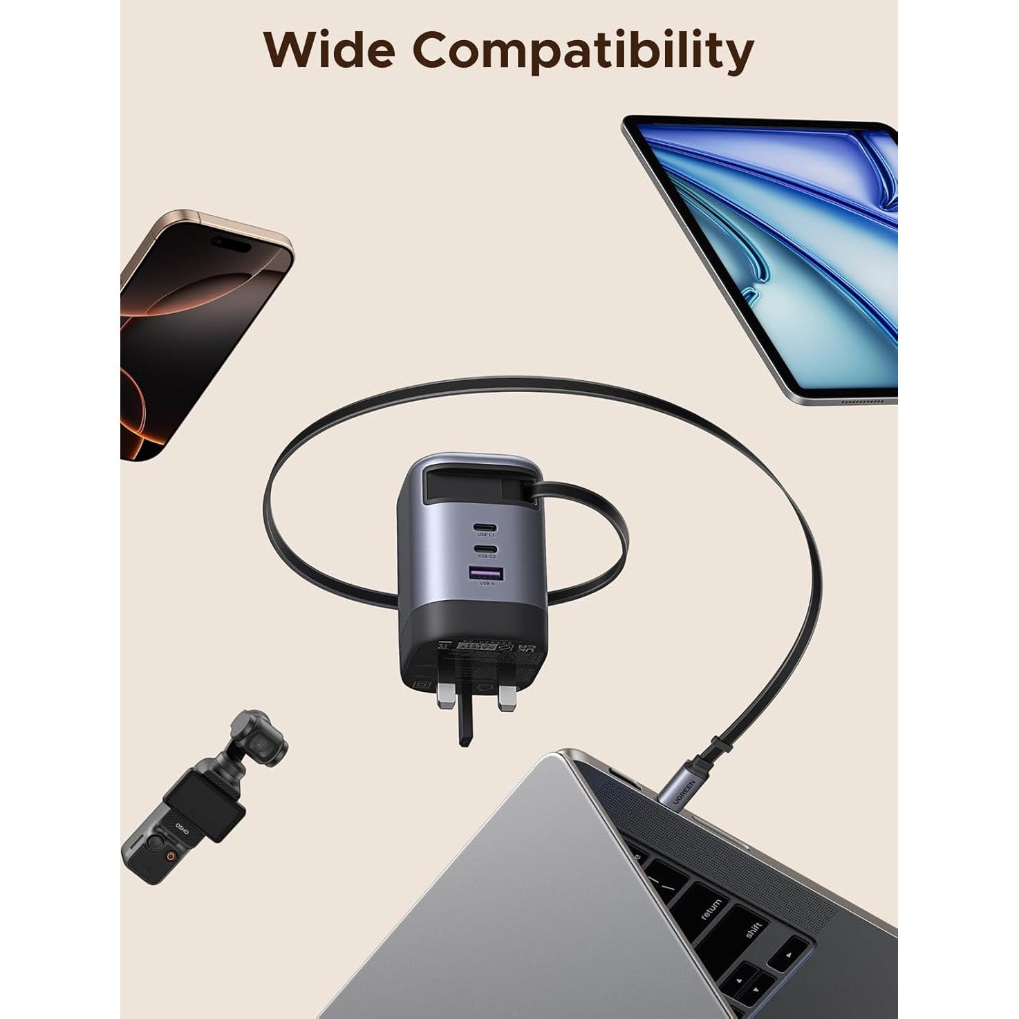 Incarcator retea 100 W PD GaN, cu cablu de incarcare USB-C retractabil, cu 2 porturi USB-C si 1 port USB-A, suporta fast-charge PD/QC/PPS, pentru laptop, tableta, smartphone