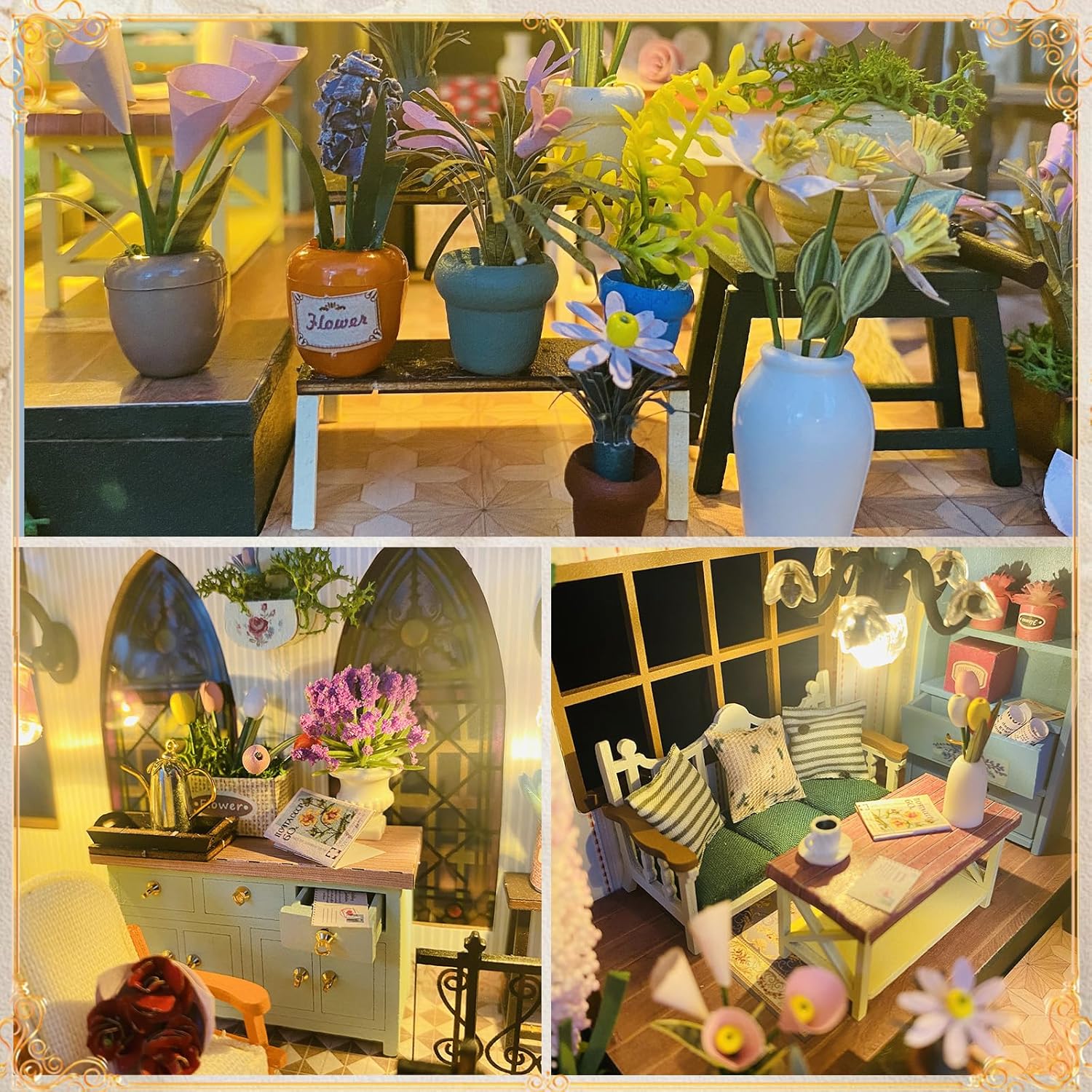 Puzzle 3D Book Nook DIY Garden House, casuta in miniatura cu lumini LED 22 x 17 x 23 cm, accesoriu decorativ