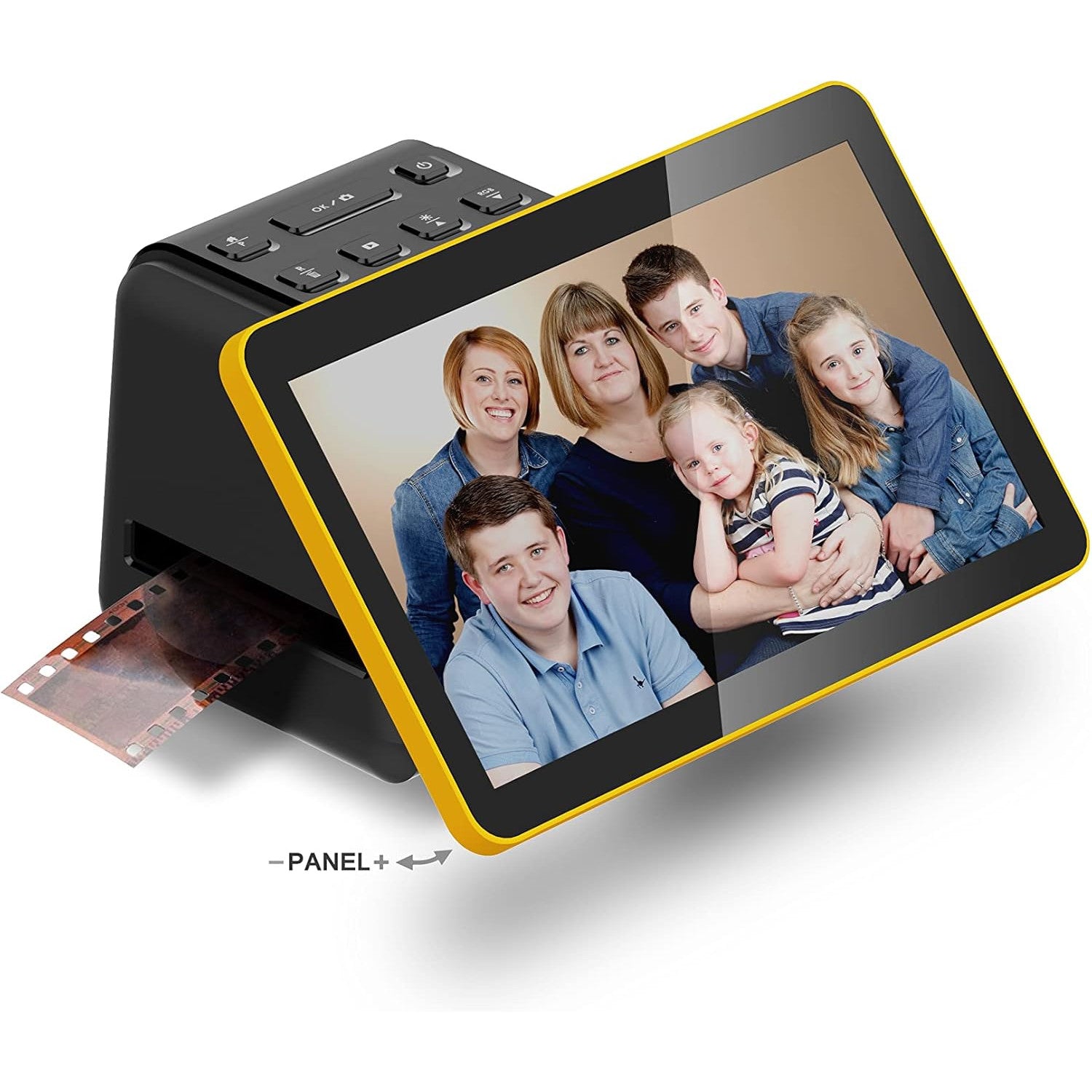 Scanner de film si diapozitive cu ecran LCD de 7 inch, 14/22 mp, compatibil film color si alb-negru 135, 110 si 126, functie incarcare continua, editare foto, cu slot card SD sau SDHC, port HDMI, negru