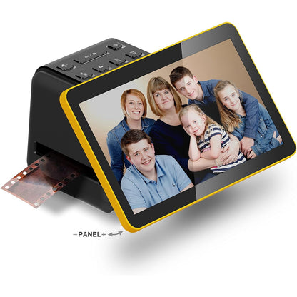 Scanner de film si diapozitive cu ecran LCD de 7 inch, 14/22 mp, compatibil film color si alb-negru 135, 110 si 126, functie incarcare continua, editare foto, cu slot card SD sau SDHC, port HDMI, negru
