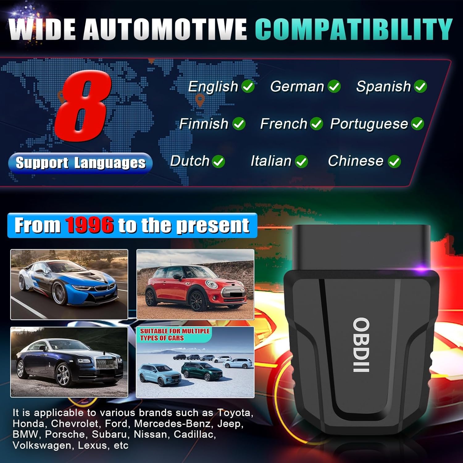 Interfata OBD2, tester Bluetooth 5.4 wireless, diagnoza multimarca cu stergere martori bord, citire coduri eroare, test senzor oxigen, compatibil iOS si Android