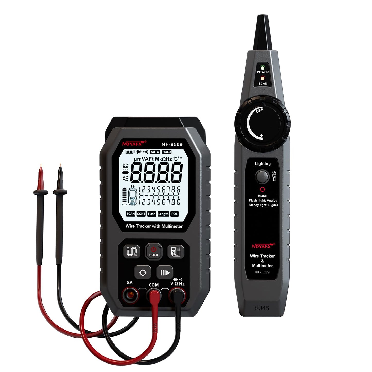 Tester cablu de retea si multimetru 2 in 1, cu PoE si NCV, Port Flash, test de lungime TDR, masurare tensiune AC/DC, curent AC/DC, rezistenta, continuitate, dioda, cu incarcare USB-C si display LCD