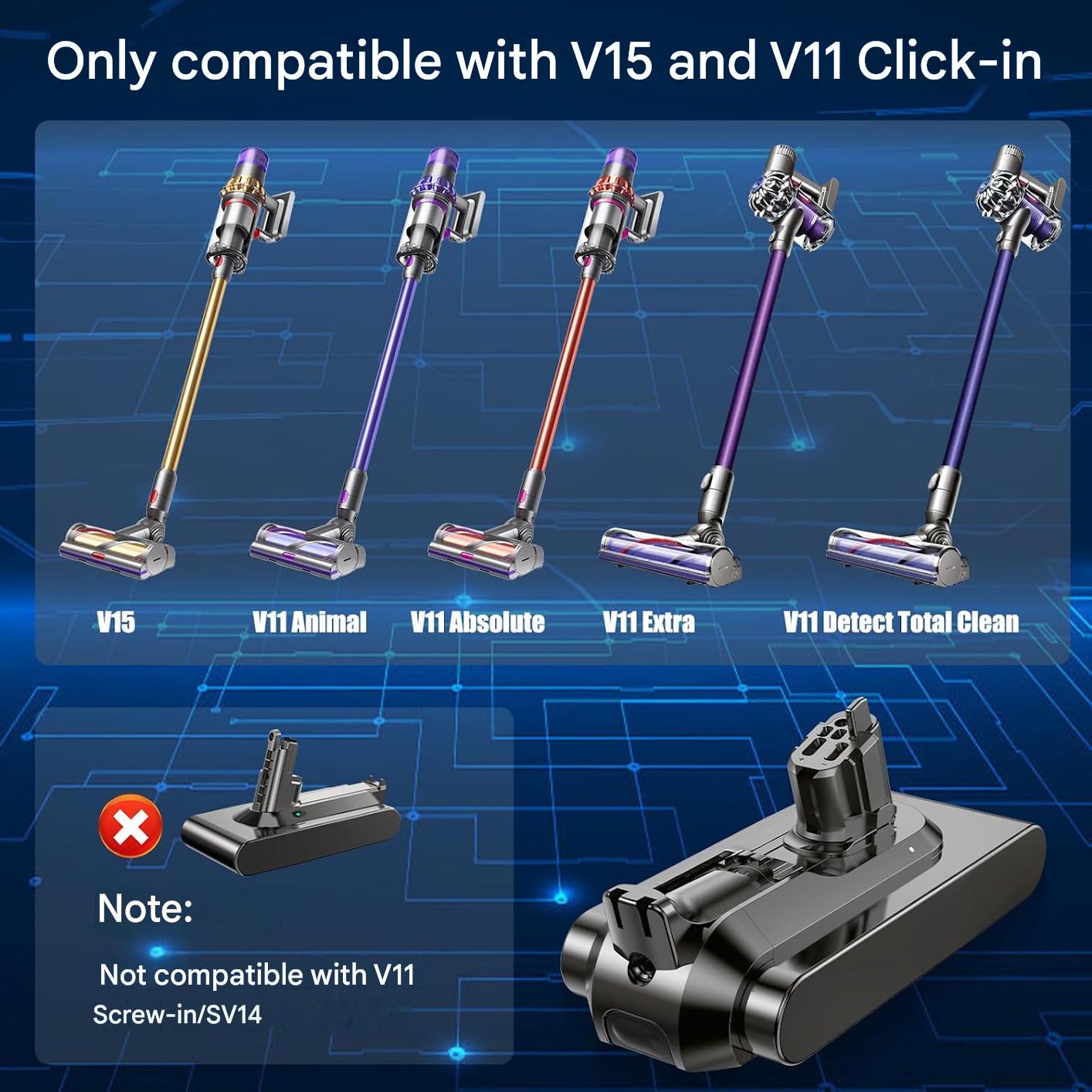 Acumulator aspirator compatibil Dyson V11 V15 Li-Ion 25.2V, Tip Click-in SV16 SV22 SV28, baterie inlocuire, protectie inteligenta BMS, compatibil original, instalare rapida, autonomie extinsa