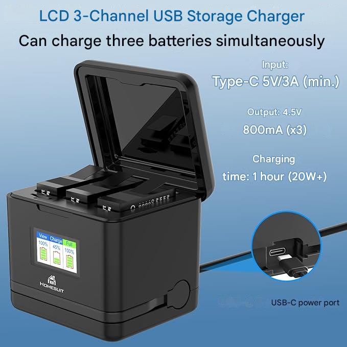 Set 3 acumulatori Homesuit AHDBT-901 pentru GoPro Hero 13 Black Enduro, 2300 mAh si incarcator cu 3 canale, cu afisaj LCD, capac, cablu USB Type-C