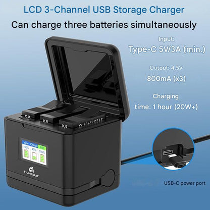 Set 3 acumulatori Homesuit AHDBT-901 pentru GoPro Hero 13 Black Enduro, 2300 mAh si incarcator cu 3 canale, cu afisaj LCD, capac, cablu USB Type-C