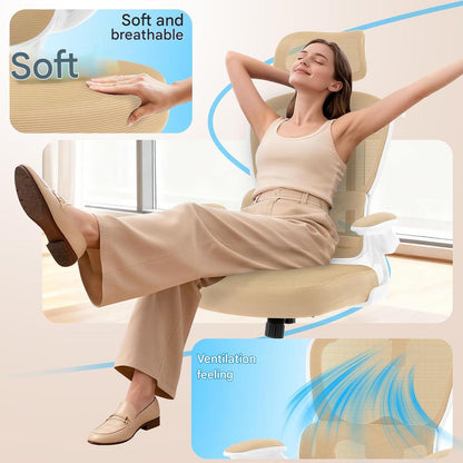 Scaun de birou ergonomic Coscendo, cu tetiera 3D reglabila si suport lombar ajustabil, inclinare 90°–120°, cotiere rabatabile 90°, reglabil pe inaltime, rotativ cu roti silentioase, sarcina maxima 130 kg, crem