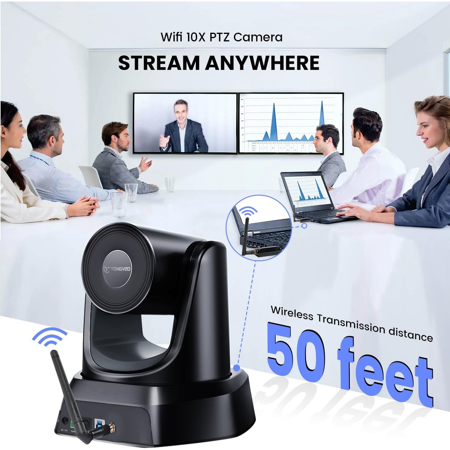 Camera PTZ wireless TONGVEO 5.8 GHz, 1080P 60FPS, USB 3.0, rotire 350° si inclinare 180°, telecomanda, receptor USB inclus, pentru videoconferinte si Streaming Live, compatibila Windows/Mac, Zoom si OBS, Plug & Play