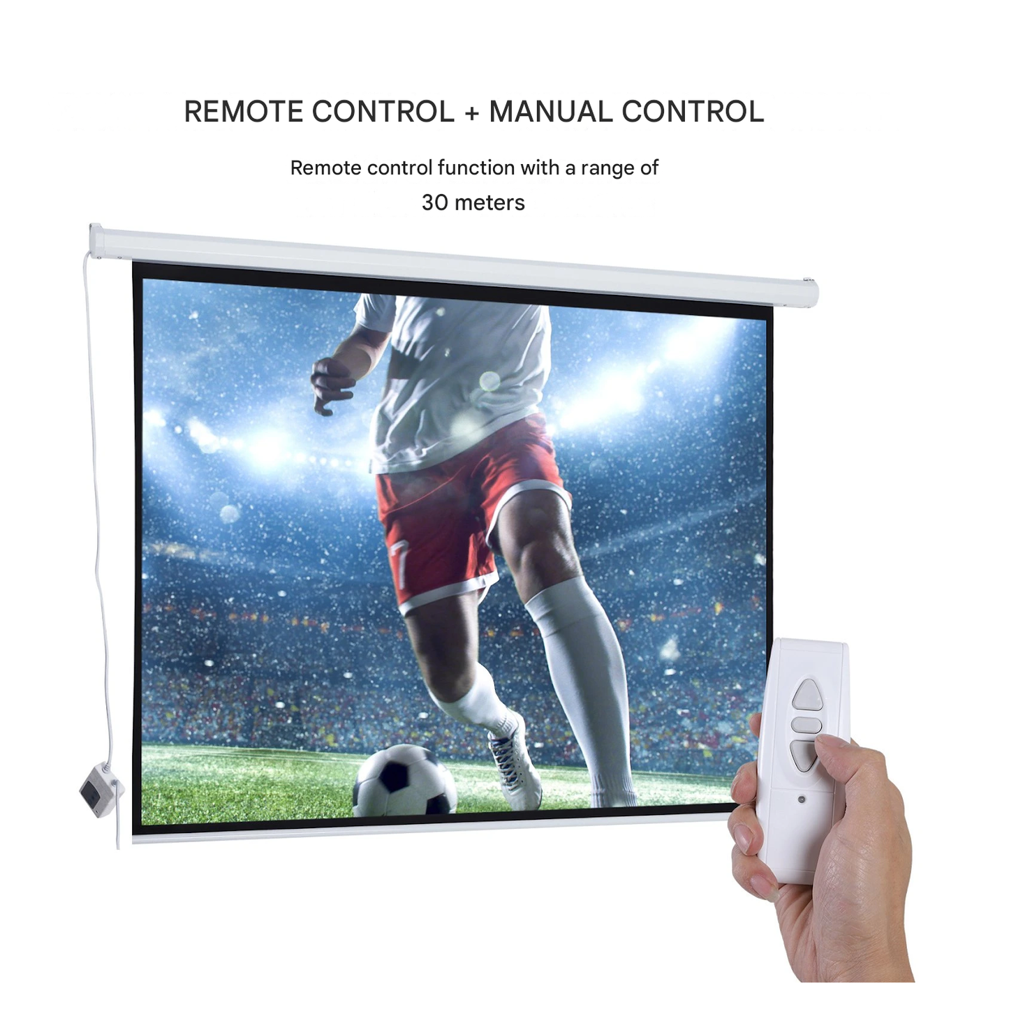 Ecran de proiectie 100 inch motorizat, cu telecomanda, prindere in perete sau tavan, 203 x 152 cm, alb