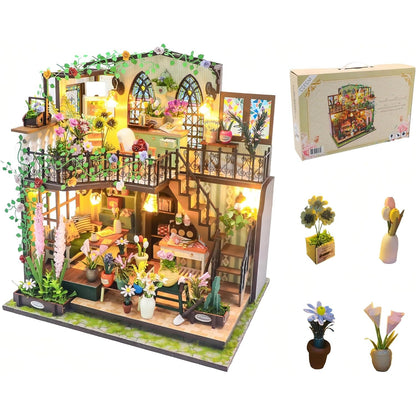 Puzzle 3D Book Nook DIY Garden House, casuta in miniatura cu lumini LED 22 x 17 x 23 cm, accesoriu decorativ