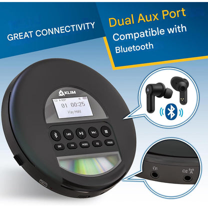 CD Player portabil KLIM Nomad Discman, Bluetooth, radio FM, MP3, cititor TF, baterie reincarcabila, casti Incluse, compatibil CD-R/CD-RW, AUX auto, negru