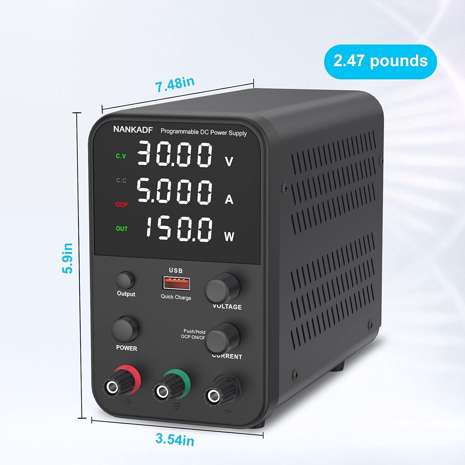 Sursa de alimentare de laborator 0-30 V, 0-5 A, 150 W, cu display LED, ventilator de racire, functie protectie supracurent (OCP), cu port USB 15W, stabilizare voltaj si curent, CV/CC