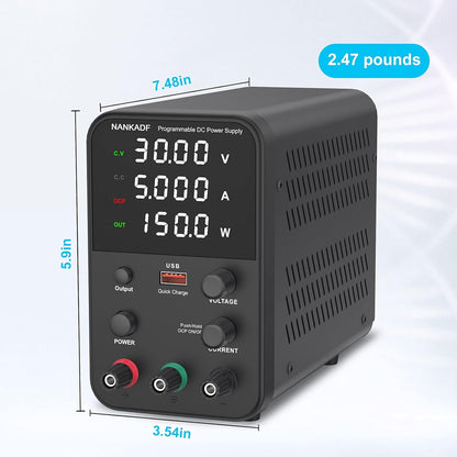 Sursa de alimentare de laborator 0-30 V, 0-5 A, 150 W, cu display LED, ventilator de racire, functie protectie supracurent (OCP), cu port USB 15W, stabilizare voltaj si curent, CV/CC