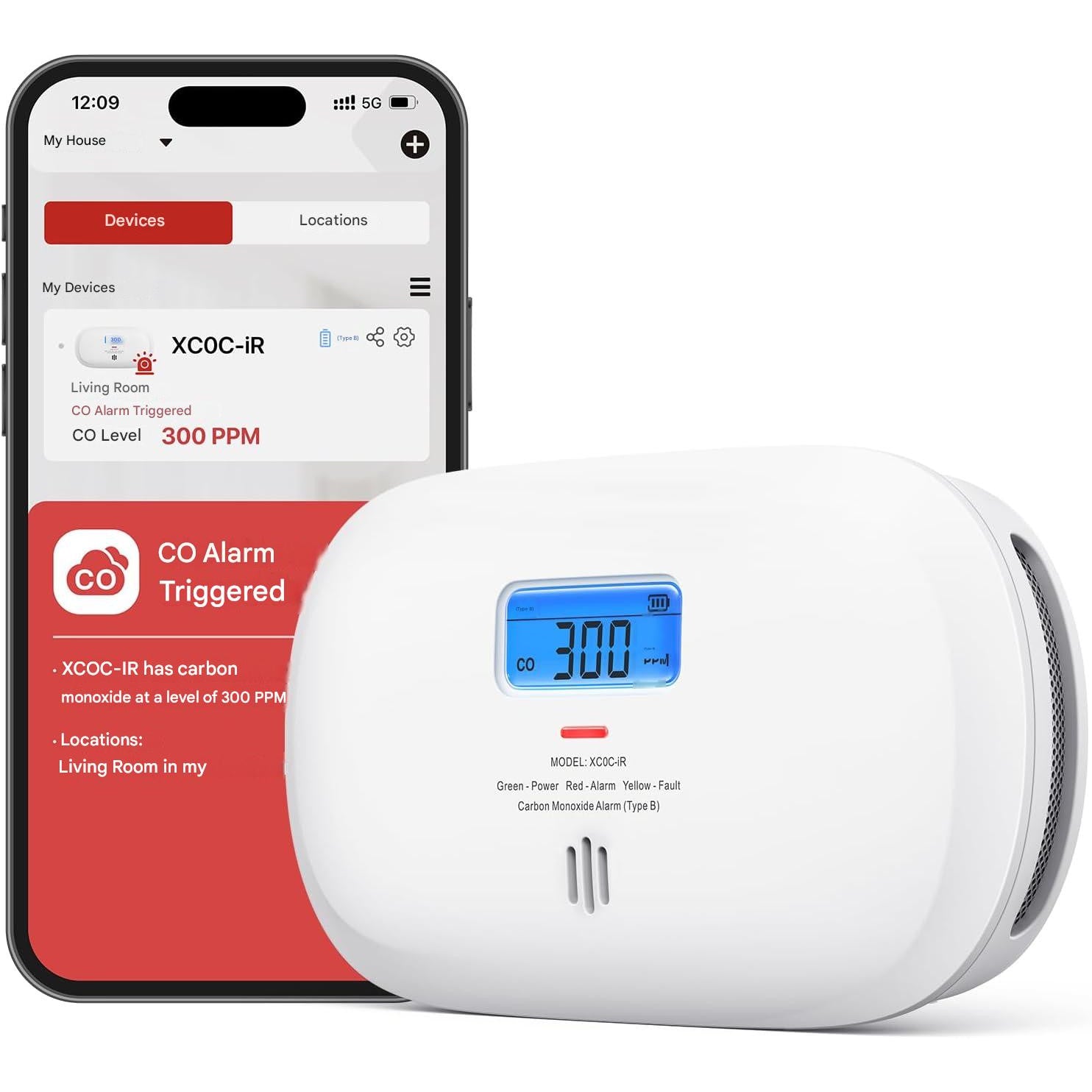 Detector inteligent de monoxid de carbon X-Sense XC0C-iR, Wi-Fi 2.4GHz, senzor electrochimic, afisaj LCD, alerte in timp real pe telefon, baterie inlocuibila, montaj perete sau portabil